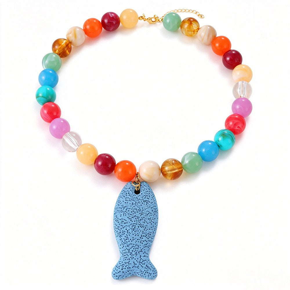 Boho Speckled Blue Fish Beaded Necklace