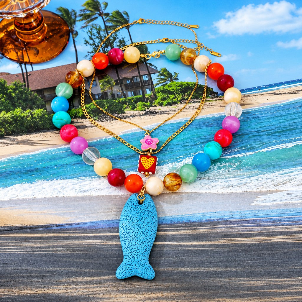 Boho Speckled Blue Fish Beaded Necklace