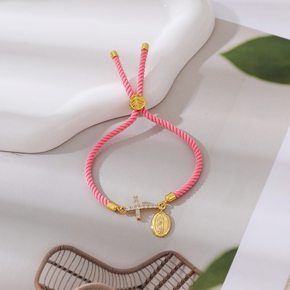Dainty Pink Braided Cross Medal Bracelet