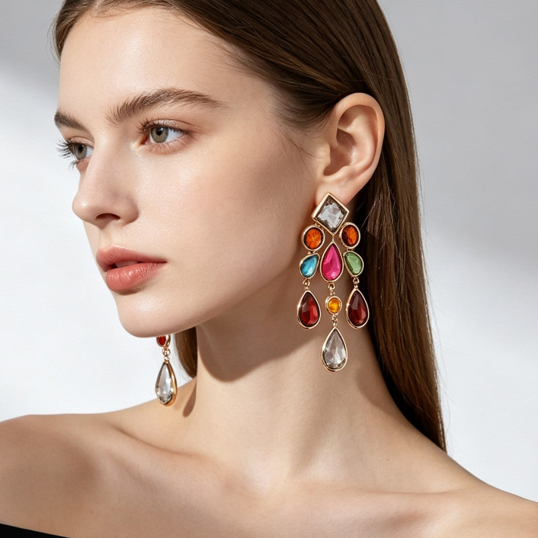 Classy Multicolor Geometric Rhinestone Chandelier Earrings