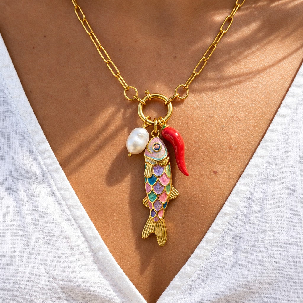 Dainty Enamel Koi Fish & Pearl Necklace