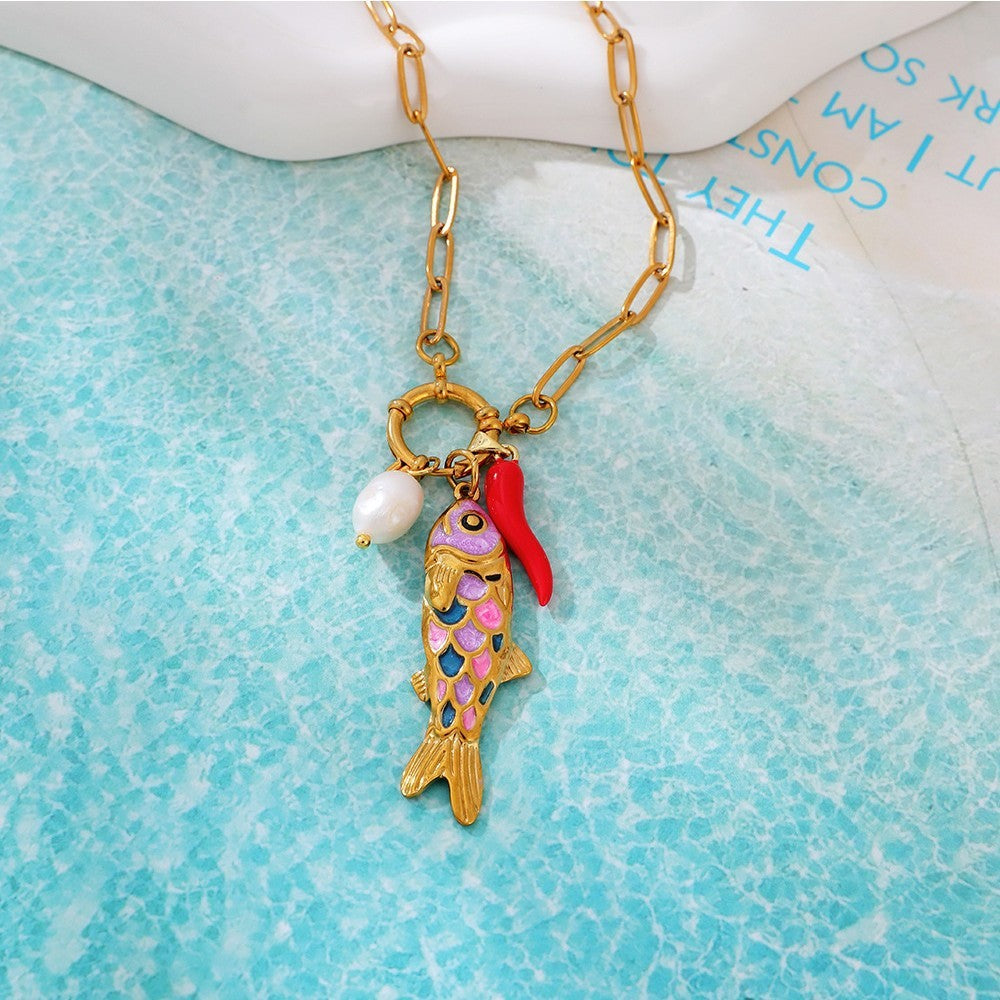 Dainty Enamel Koi Fish & Pearl Necklace