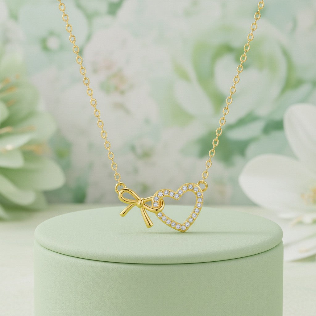 Romantic Pave Zirconia Bow Heart Necklace