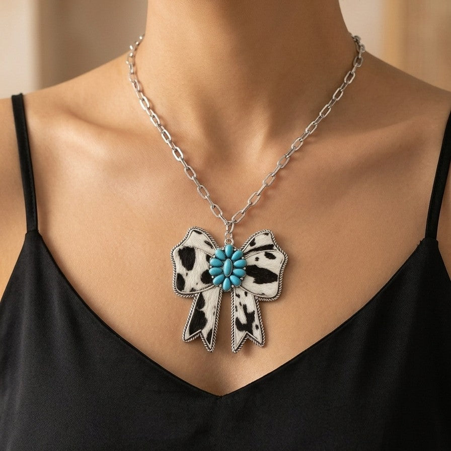 Boho Cow Print Bow Necklace