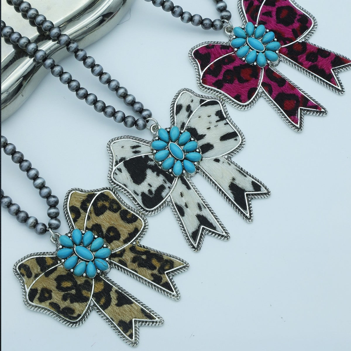 Boho Cow Print Bow Necklace