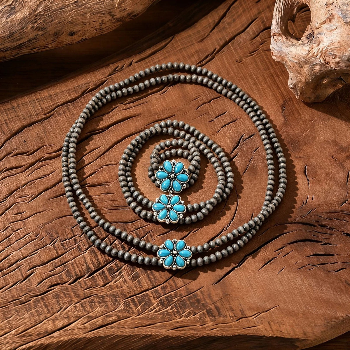 Vintage Turquoise Flower Beaded Necklace, Bracelet & Earring Set