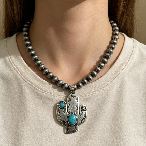 Boho Vintage Cactus Pendant Necklace