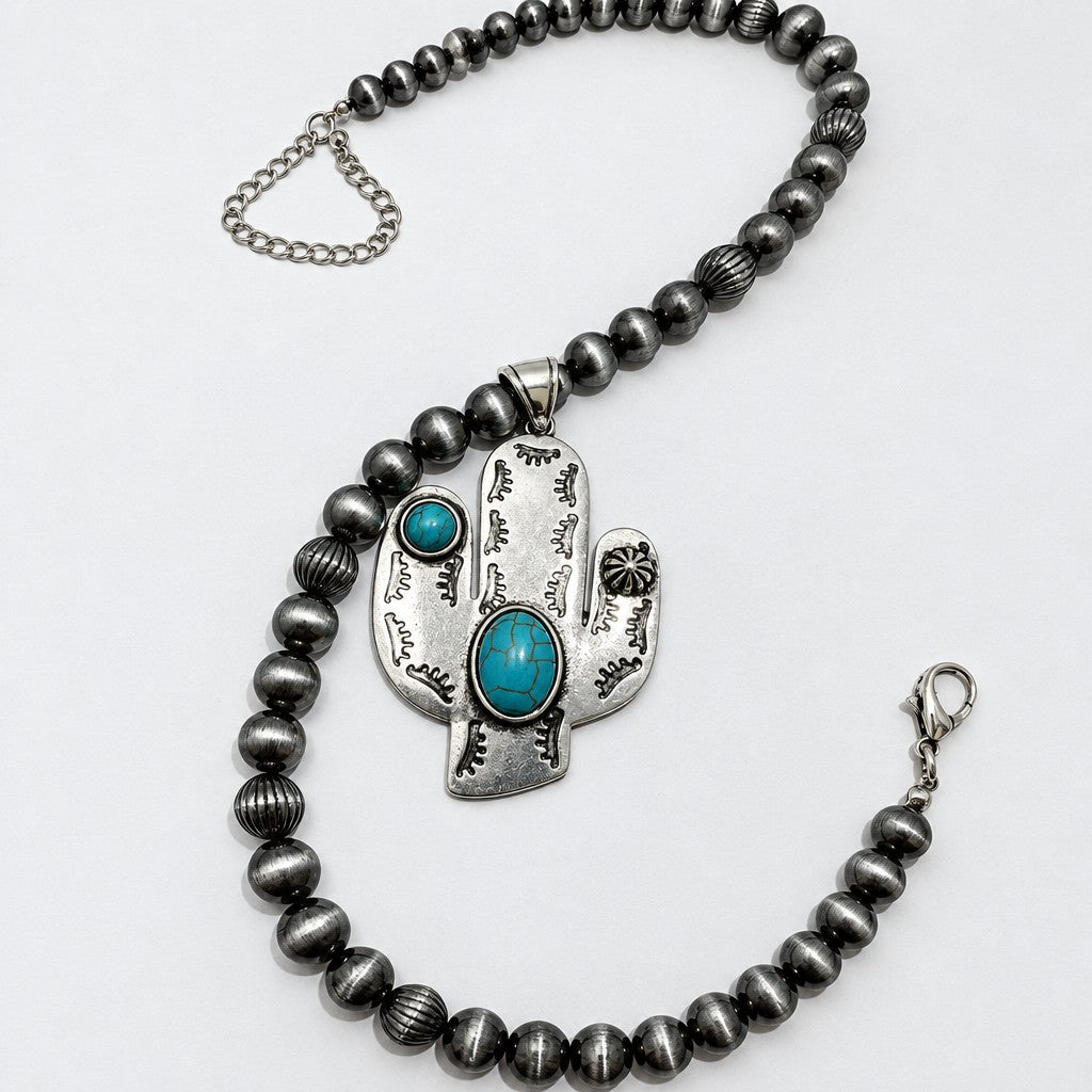 Boho Vintage Cactus Pendant Necklace