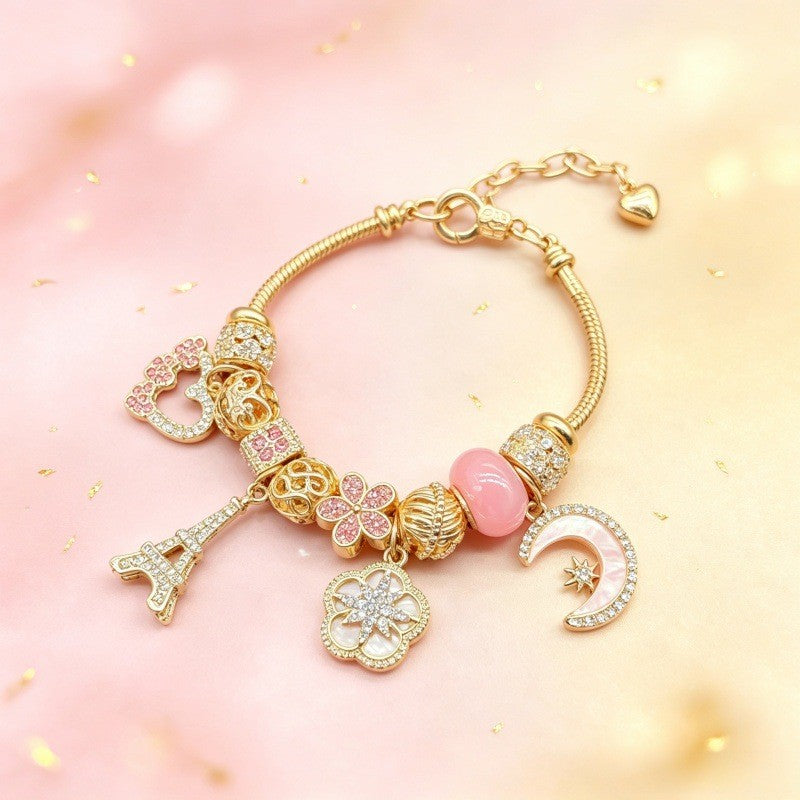 Romantic Eiffel Tower & Moon Charm Bracelet