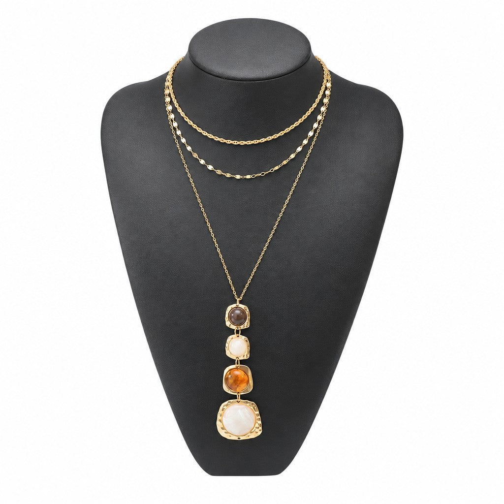 Vintage Amber Resin Stone Layered Necklace