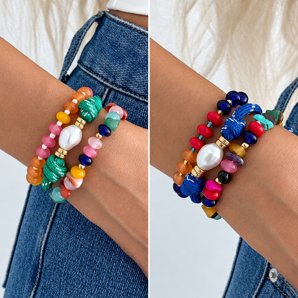 3pc Boho Colorful Stone & Pearl Bracelet Set