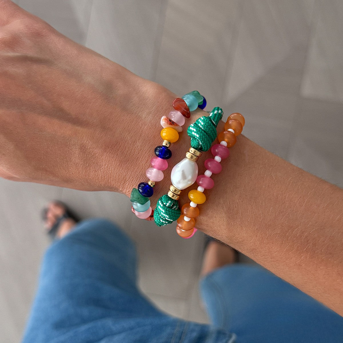 3pc Boho Colorful Stone & Pearl Bracelet Set