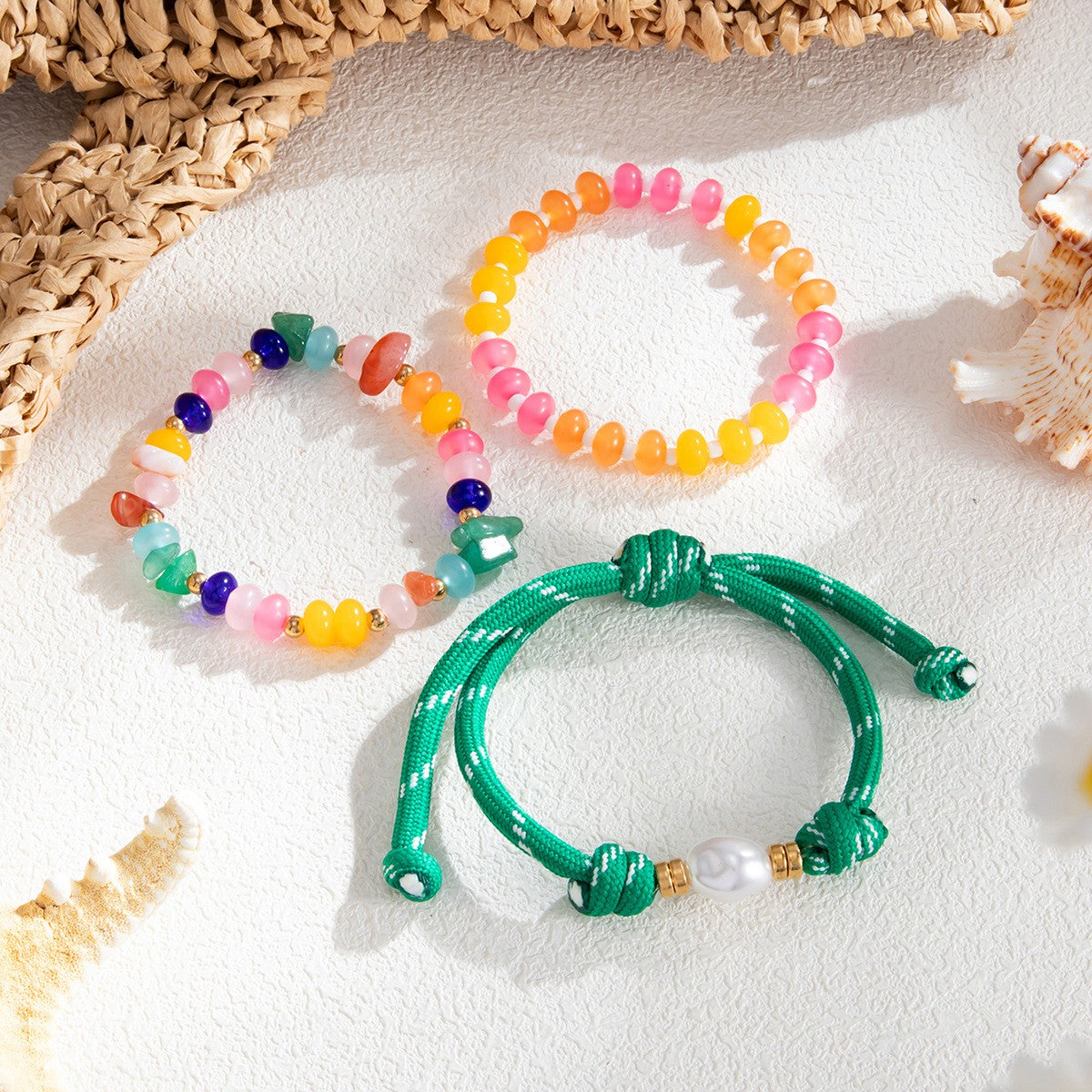 3pc Boho Colorful Stone & Pearl Bracelet Set