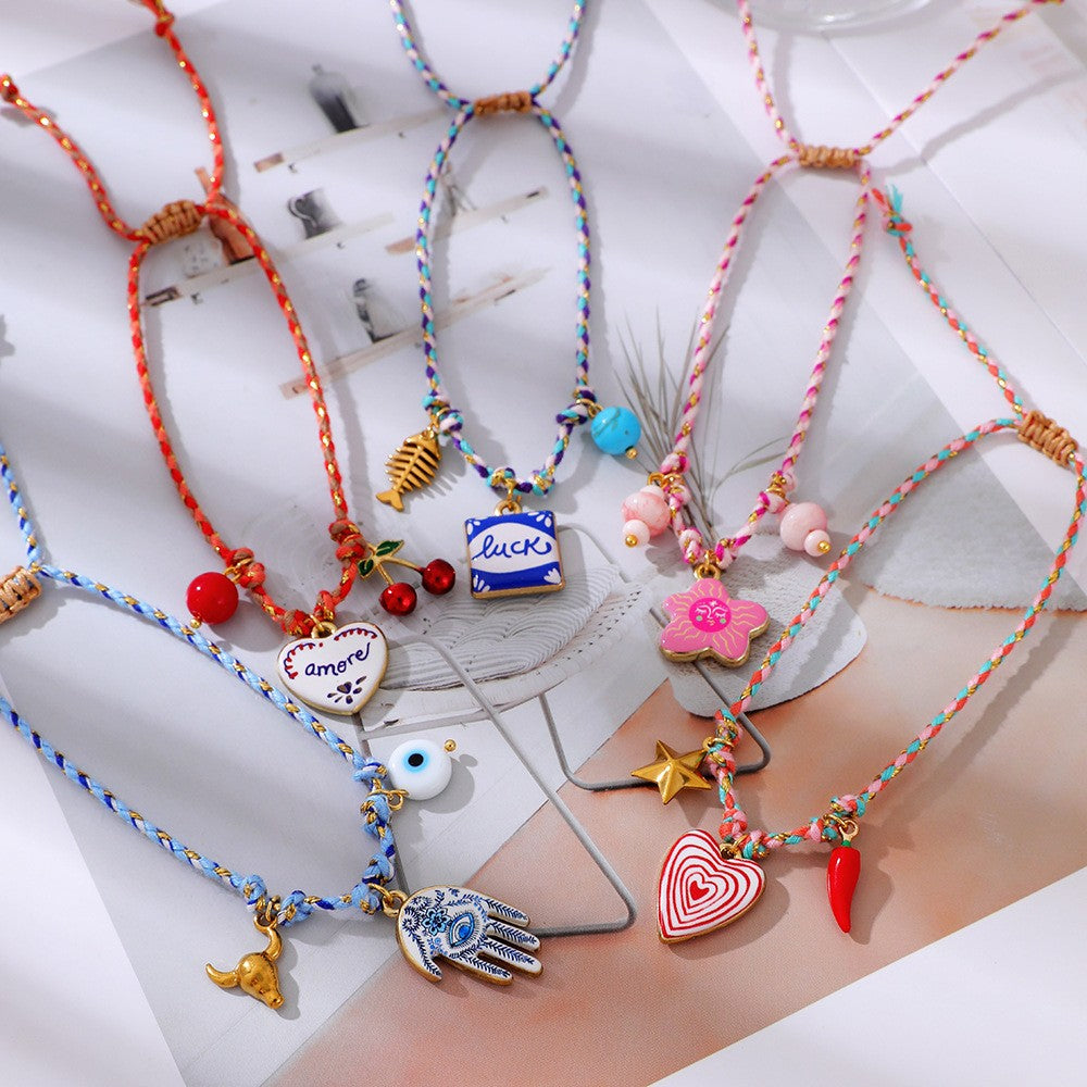 Boho Enamel Charm Cord Bracelet Set