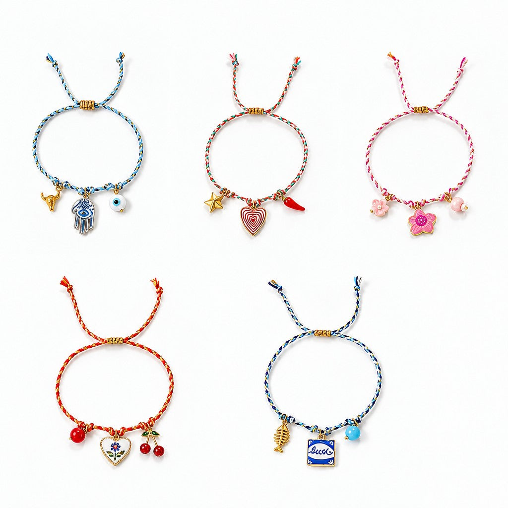Boho Enamel Charm Cord Bracelet Set