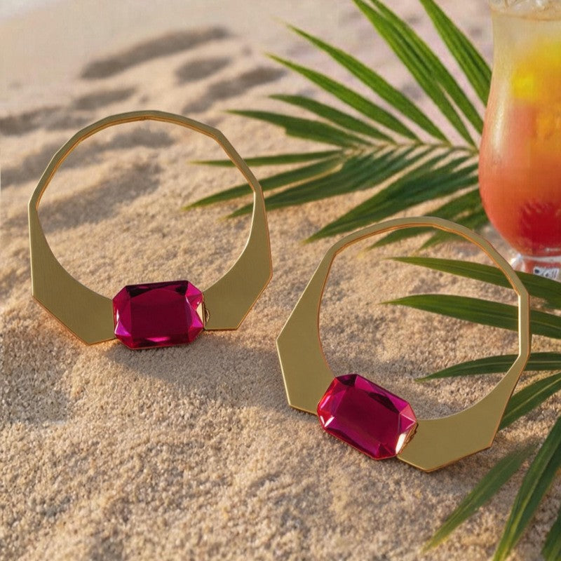 Classy Geometric Ruby Accent Hoop Earrings