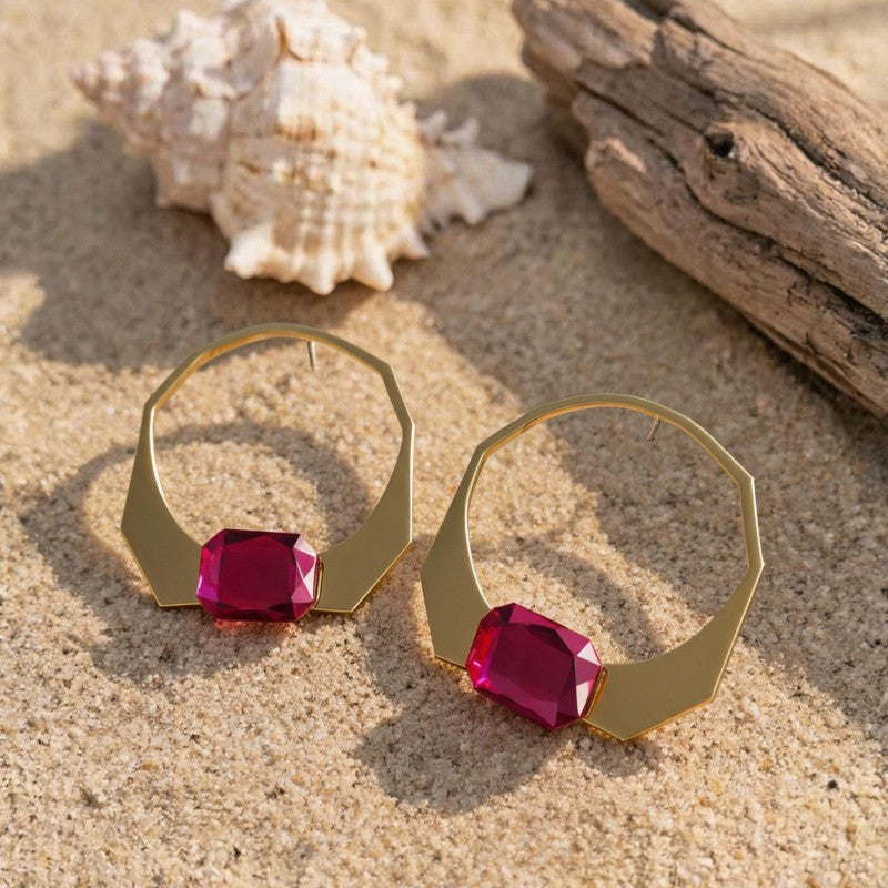 Classy Geometric Ruby Accent Hoop Earrings