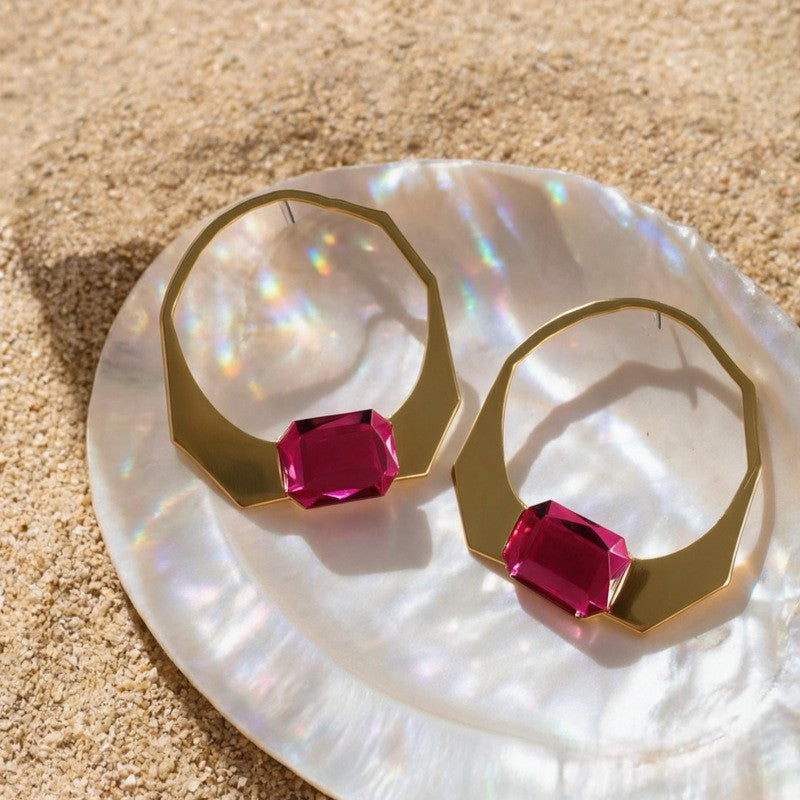 Classy Geometric Ruby Accent Hoop Earrings