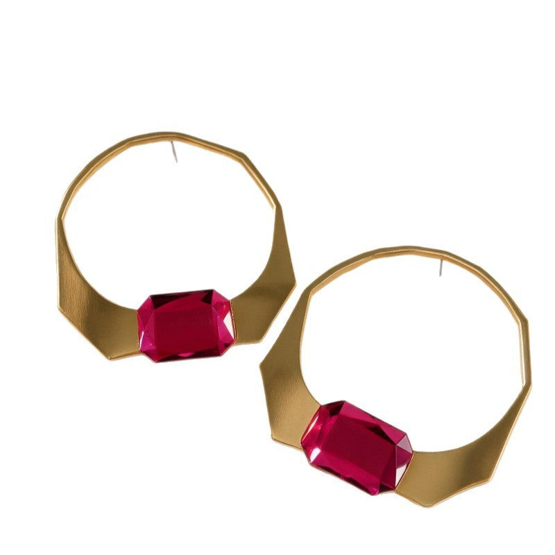 Classy Geometric Ruby Accent Hoop Earrings