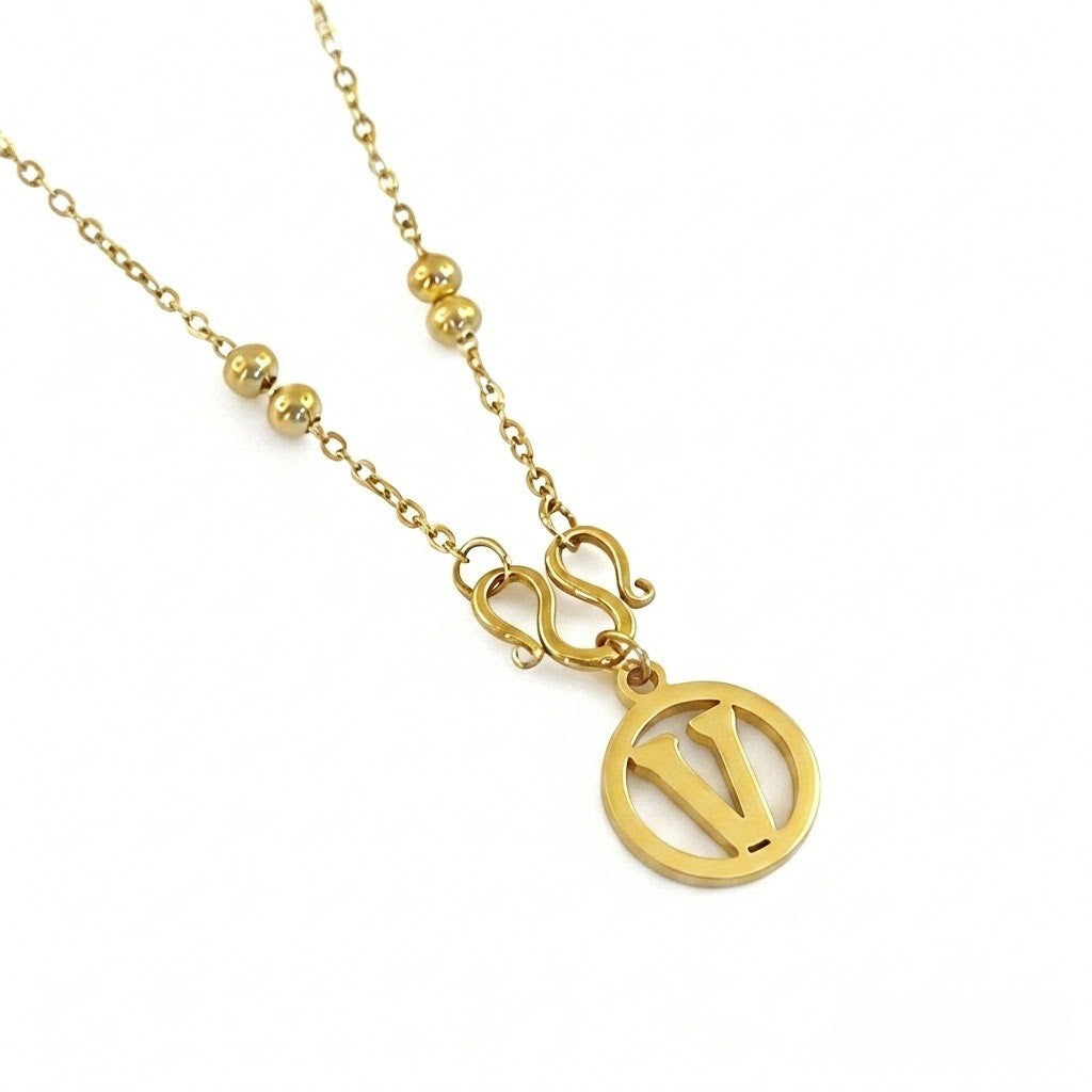 18k Dainty Beaded Initial Letter Necklace