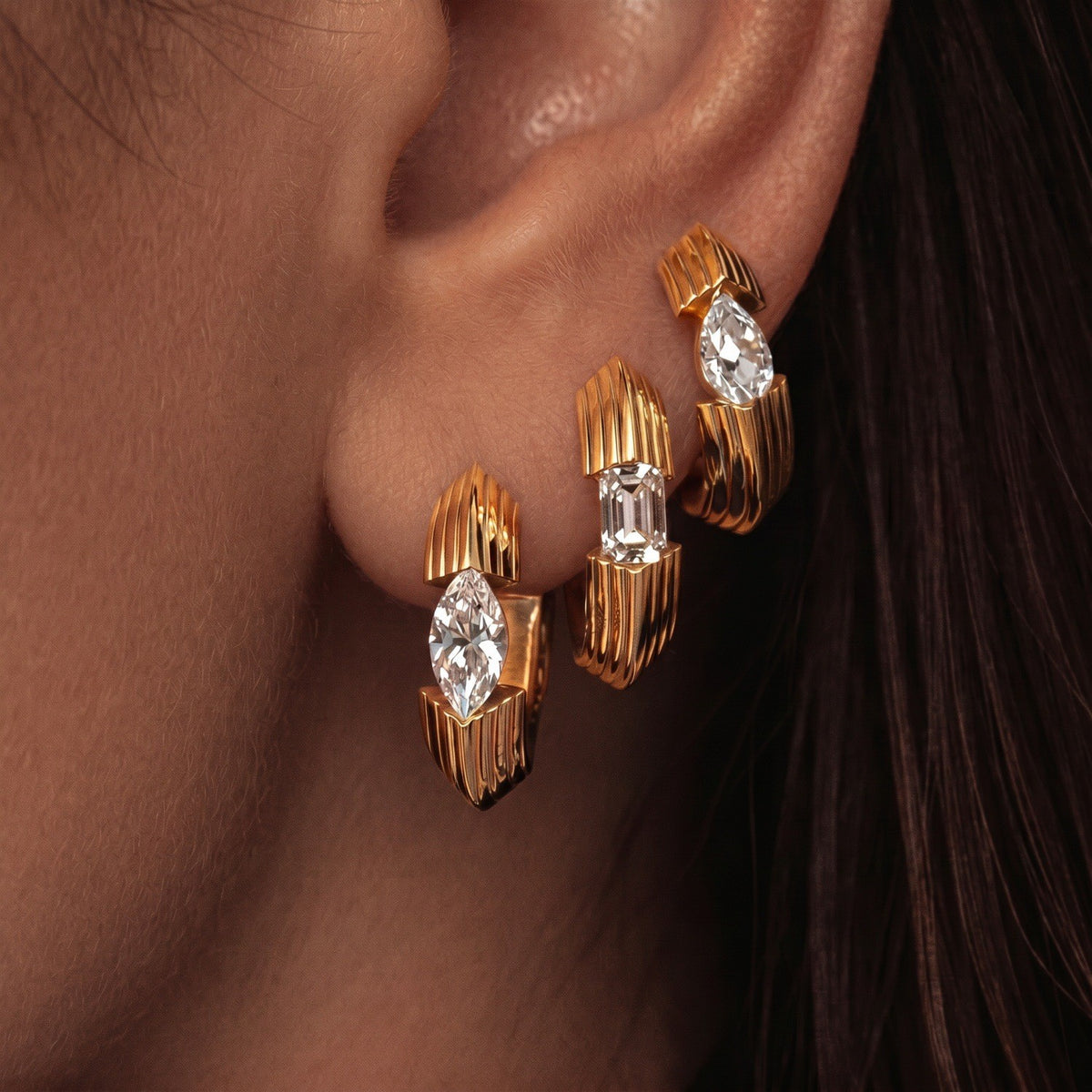 Classy Fluted Zirconia Huggie Hoop Earrings