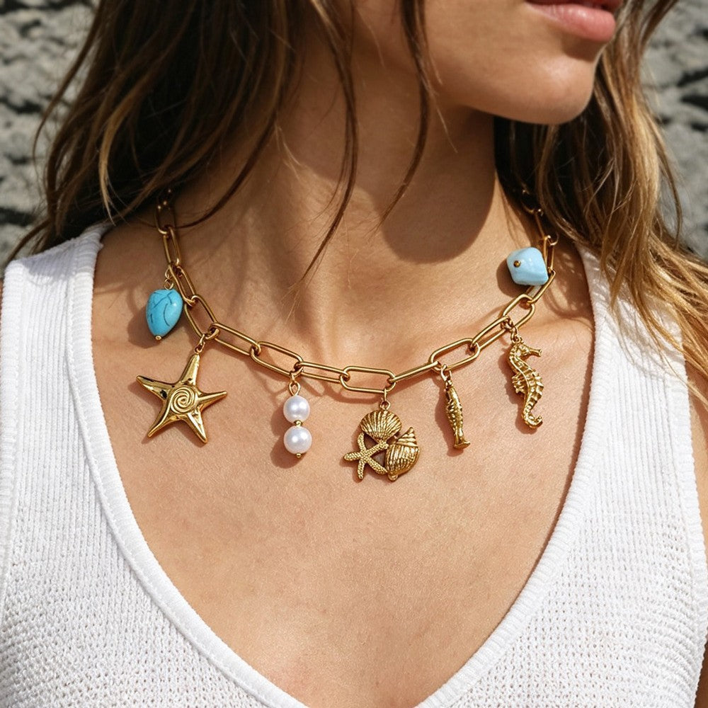 Boho Turquoise Ocean Charm Paperclip Necklace