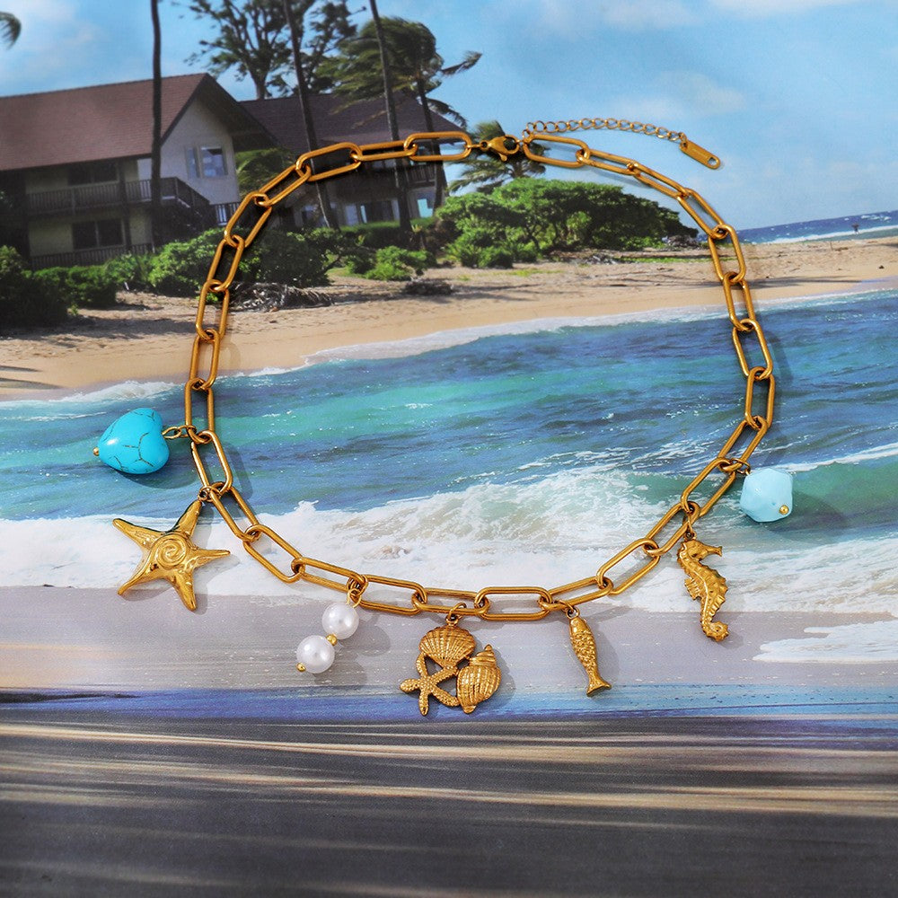 Boho Turquoise Ocean Charm Paperclip Necklace