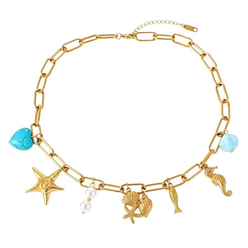 Boho Turquoise Ocean Charm Paperclip Necklace