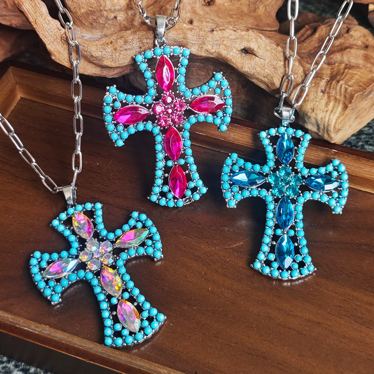 Boho Pink & Turquoise Cross Necklace