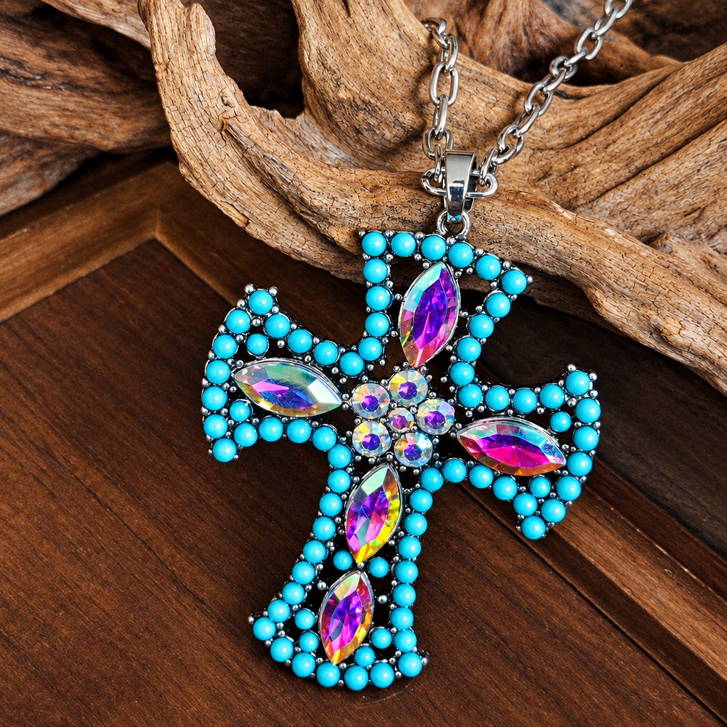 Boho Pink & Turquoise Cross Necklace