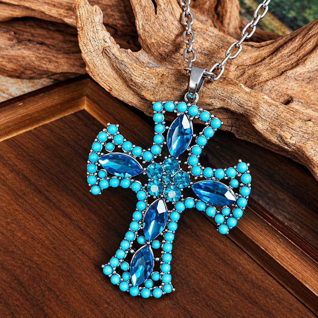 Boho Pink & Turquoise Cross Necklace