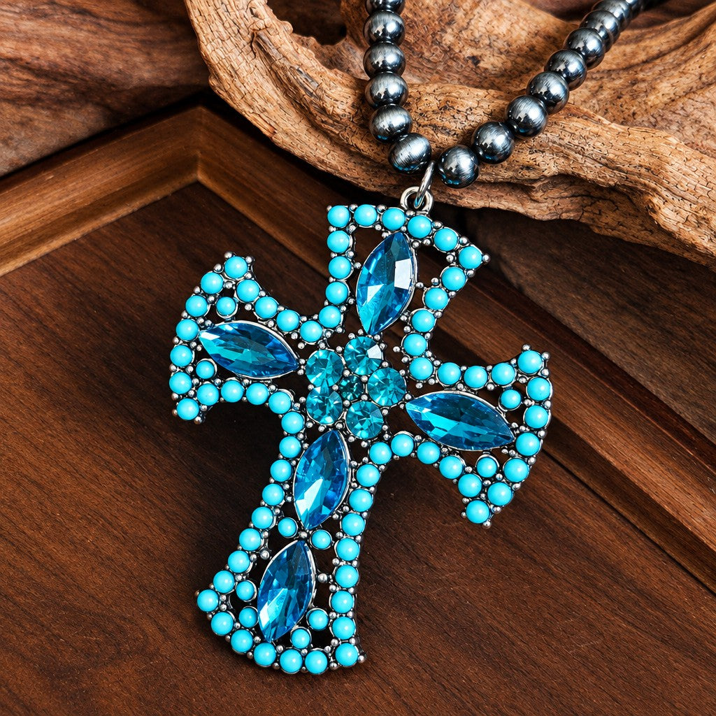 Boho Pink & Turquoise Cross Necklace