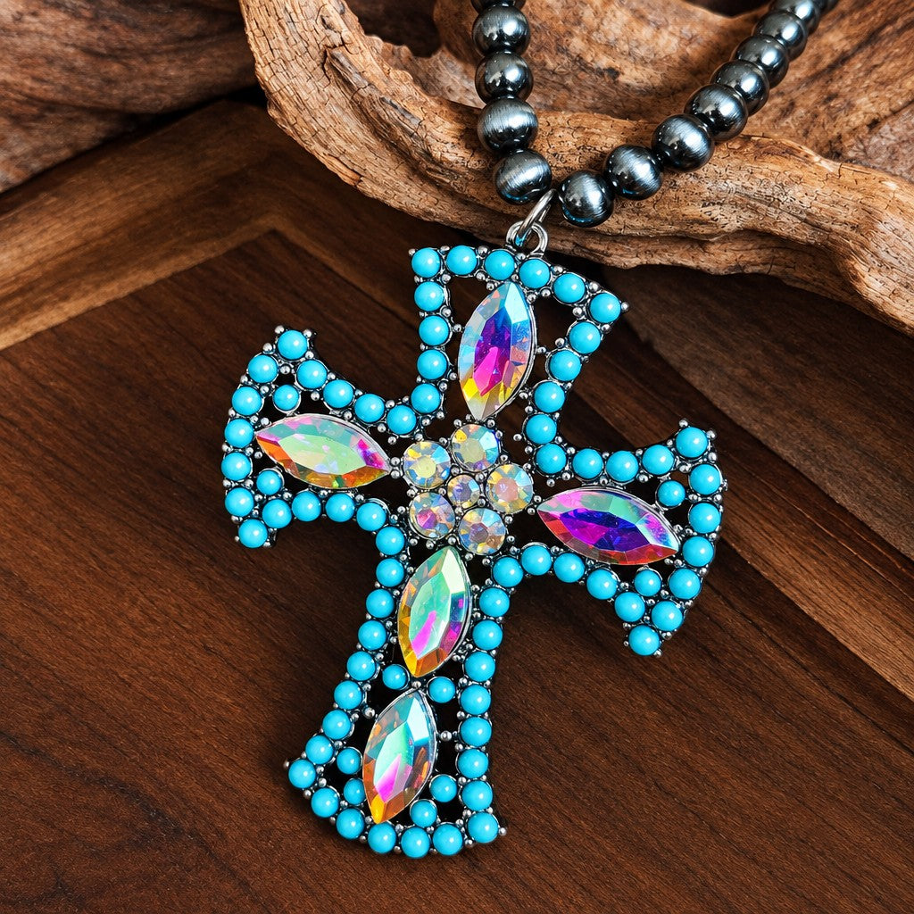 Boho Pink & Turquoise Cross Necklace