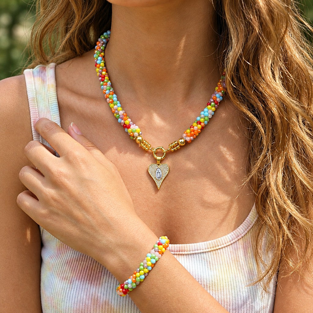 Sweet Multicolor Beaded Heart Necklace & Bracelet Set