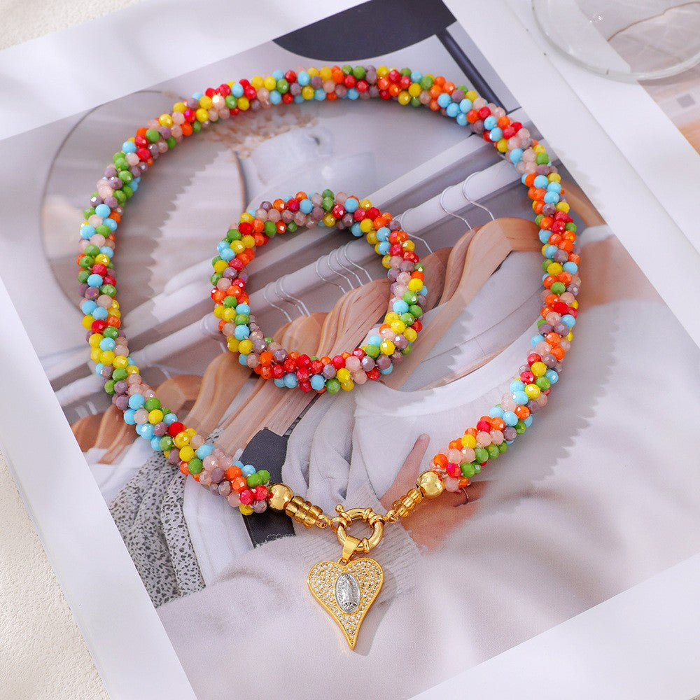 Sweet Multicolor Beaded Heart Necklace & Bracelet Set