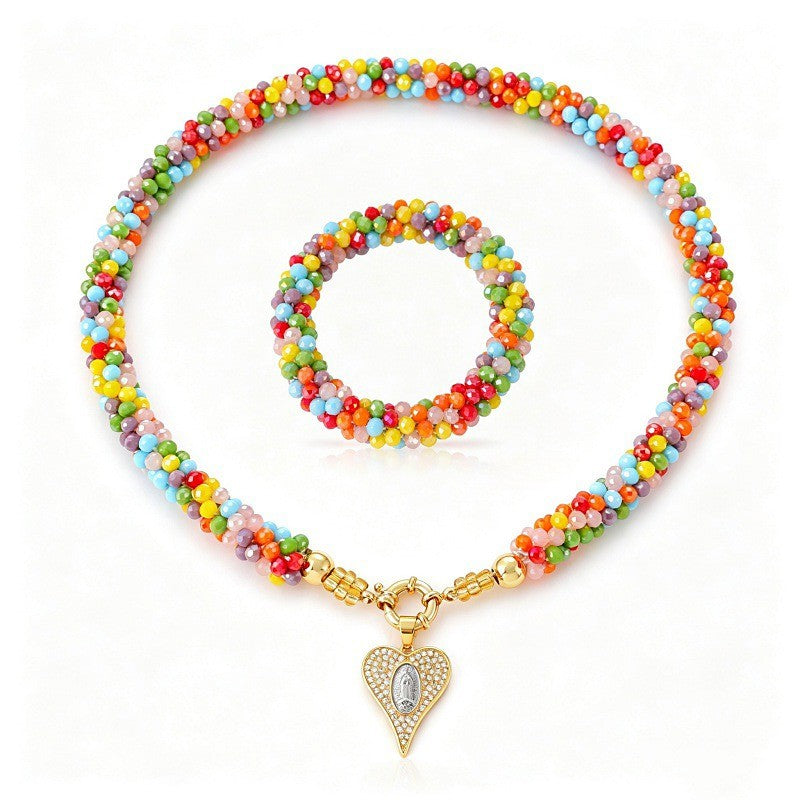 Sweet Multicolor Beaded Heart Necklace & Bracelet Set