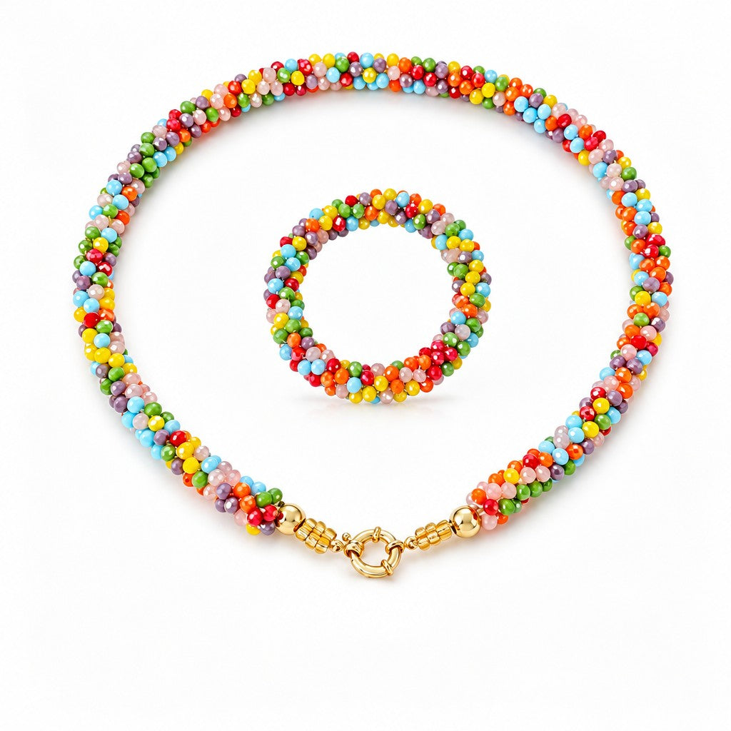 Sweet Multicolor Beaded Heart Necklace & Bracelet Set