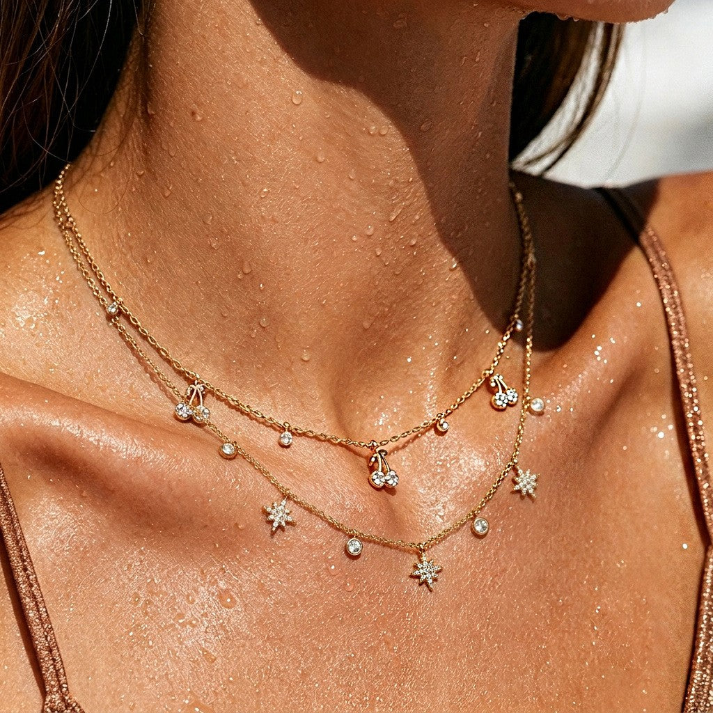 Dainty Rhinestone Cherry & Star Necklace