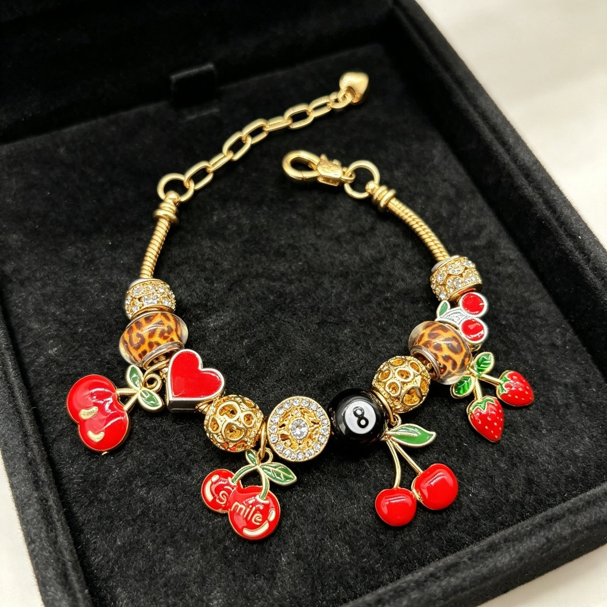 Playful Cherry and Heart Charm Bracelet