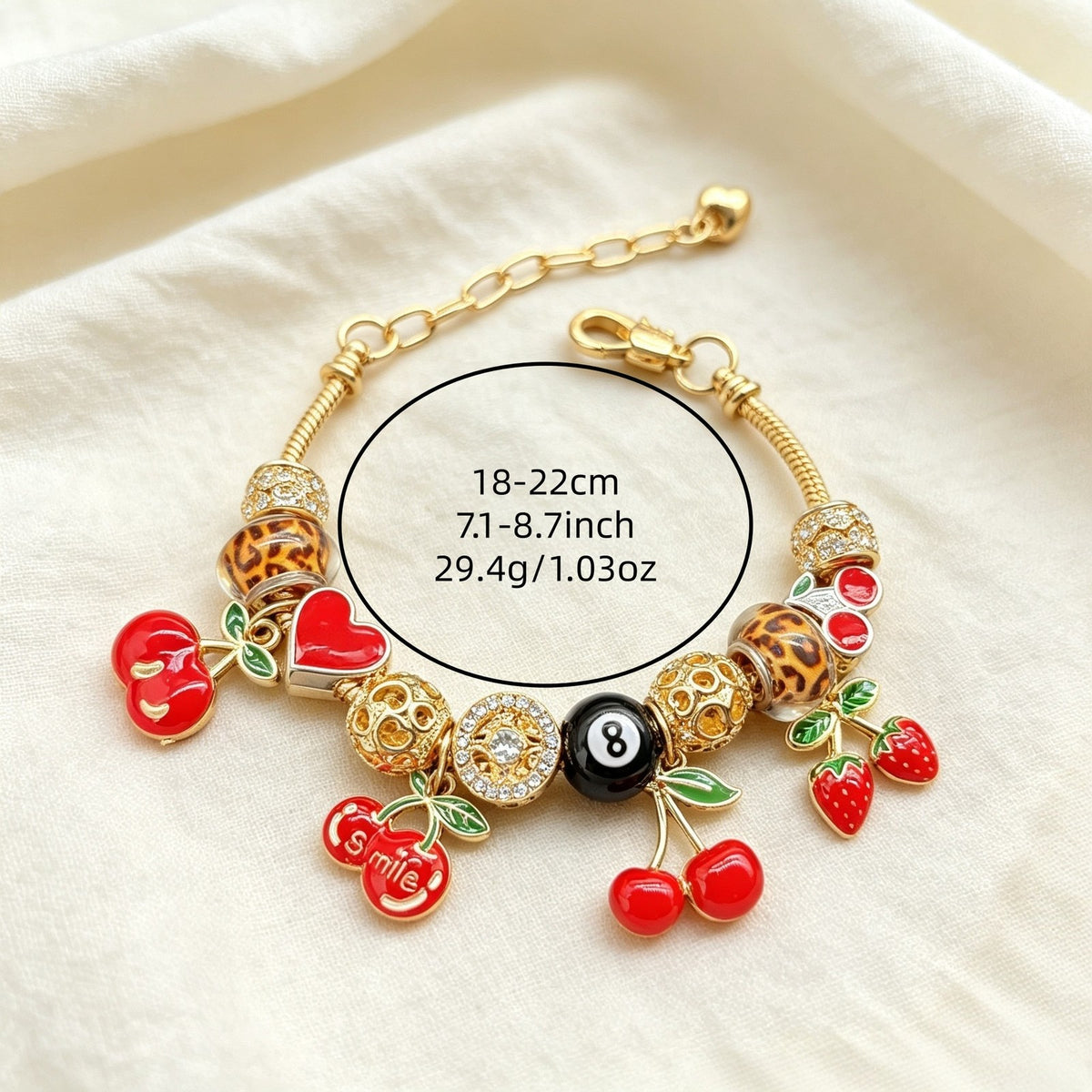Playful Cherry and Heart Charm Bracelet