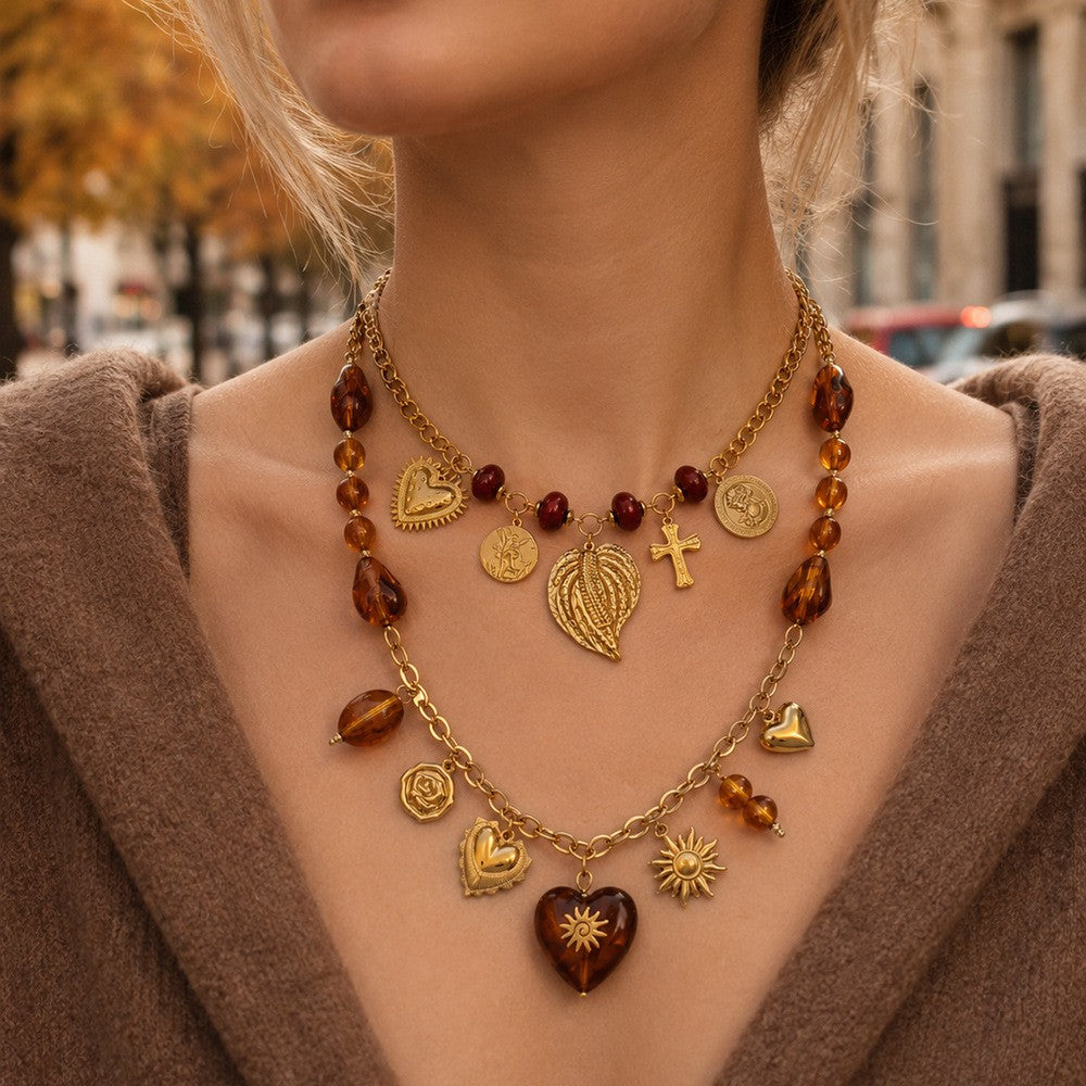 18k Boho Amber Beaded Charm Necklace