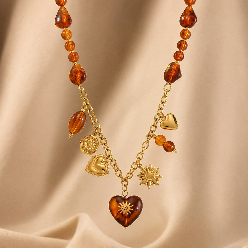 18k Boho Amber Beaded Charm Necklace