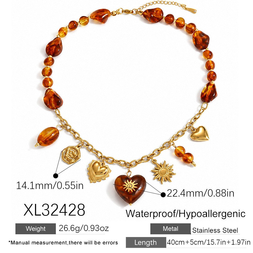 18k Boho Amber Beaded Charm Necklace
