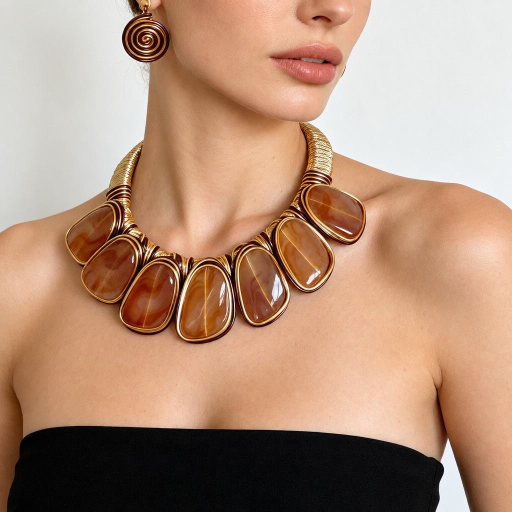 Boho Marbled Acrylic Collar Necklace & Earring Set