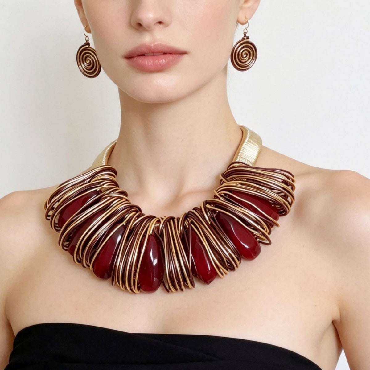Boho Emerald Wire Collar Necklace & Earring Set
