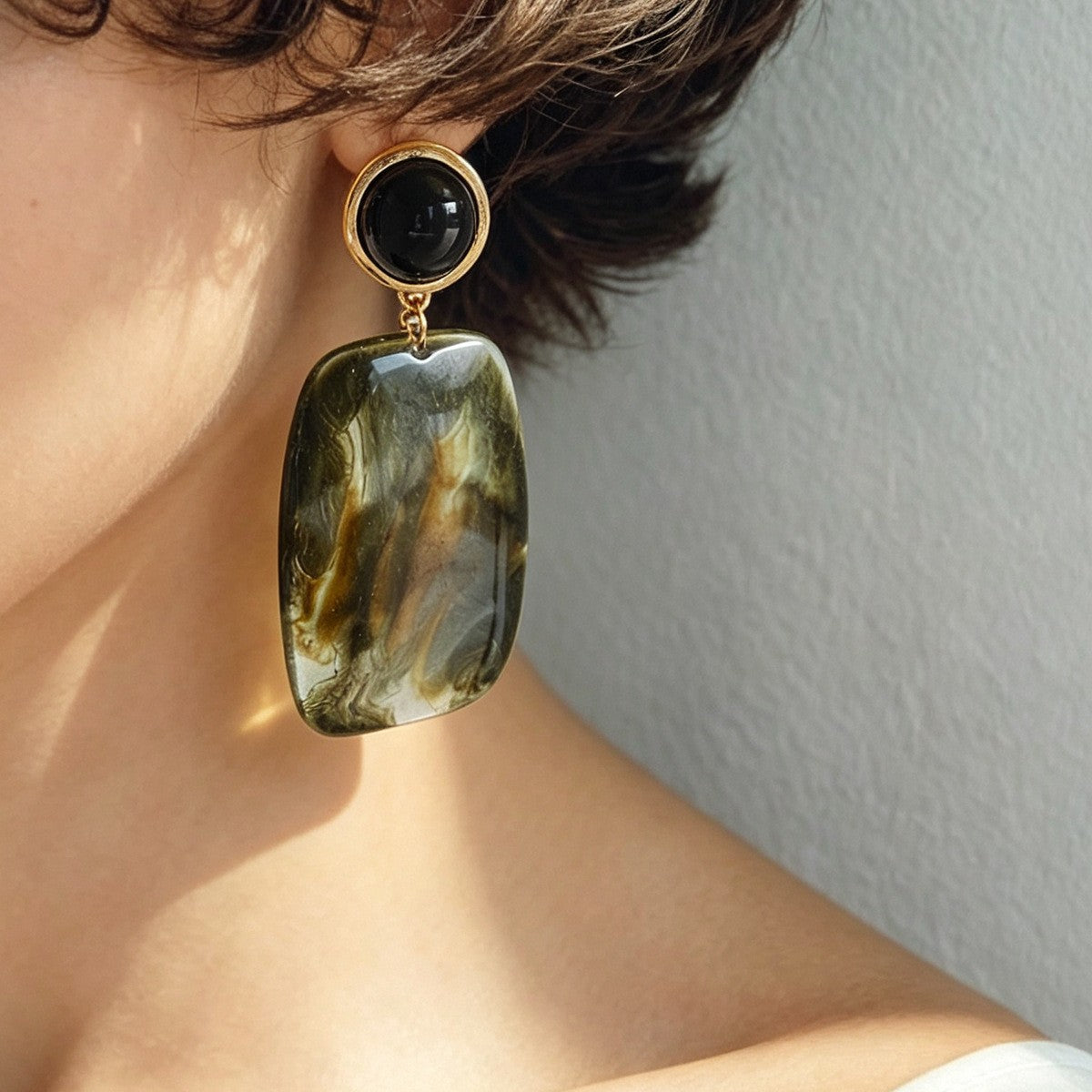 Classy Vintage Moss Agate Resin Drop Earrings