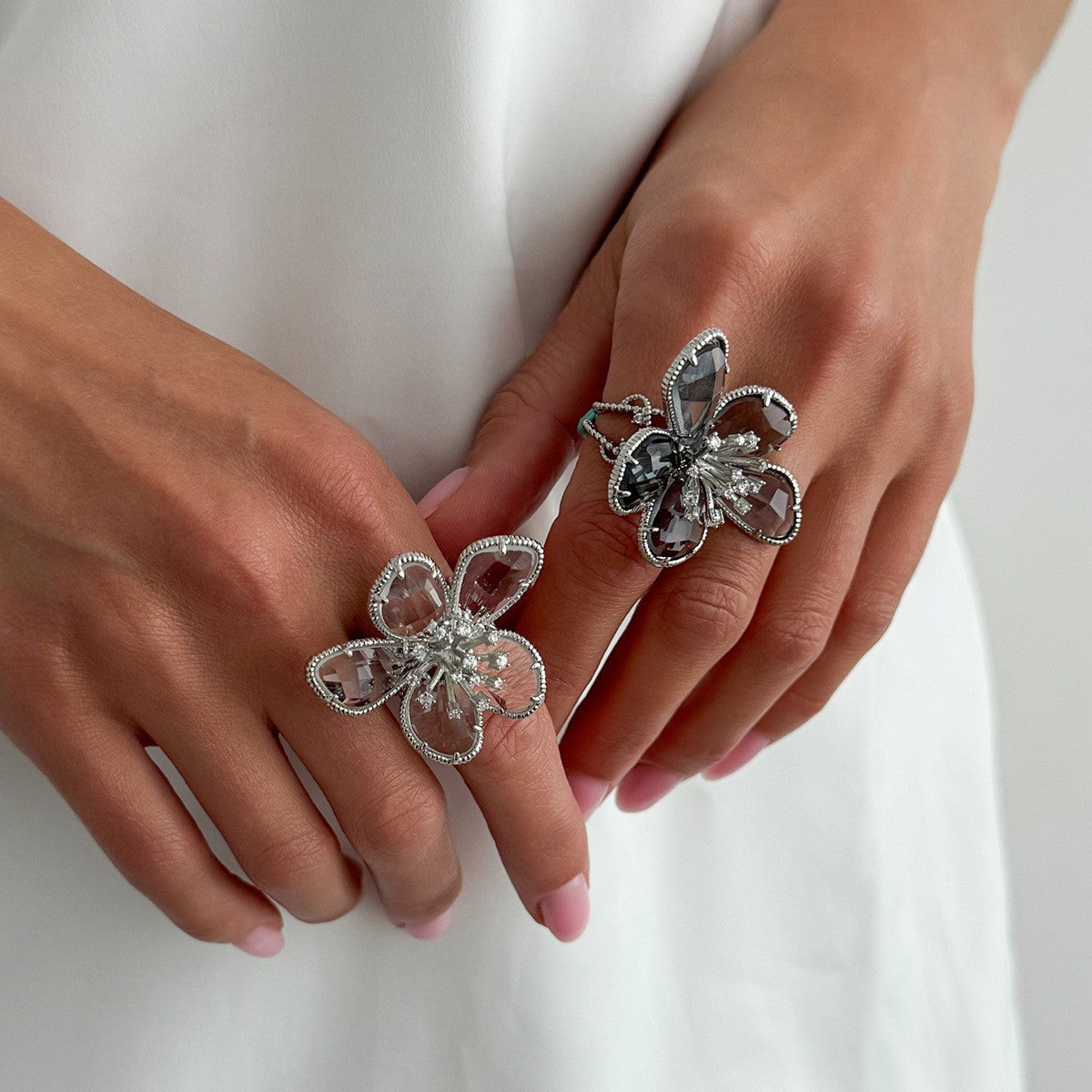 Romantic Faceted Glass Flower Statement Ring
