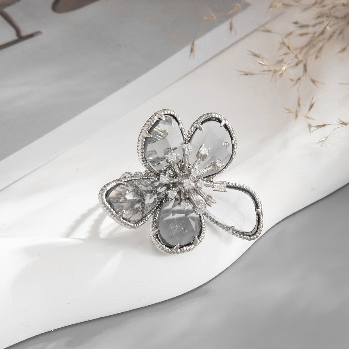 Romantic Faceted Glass Flower Statement Ring