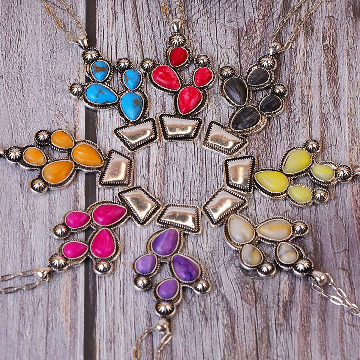 Boho Vintage Turquoise Cactus Pendant Necklace