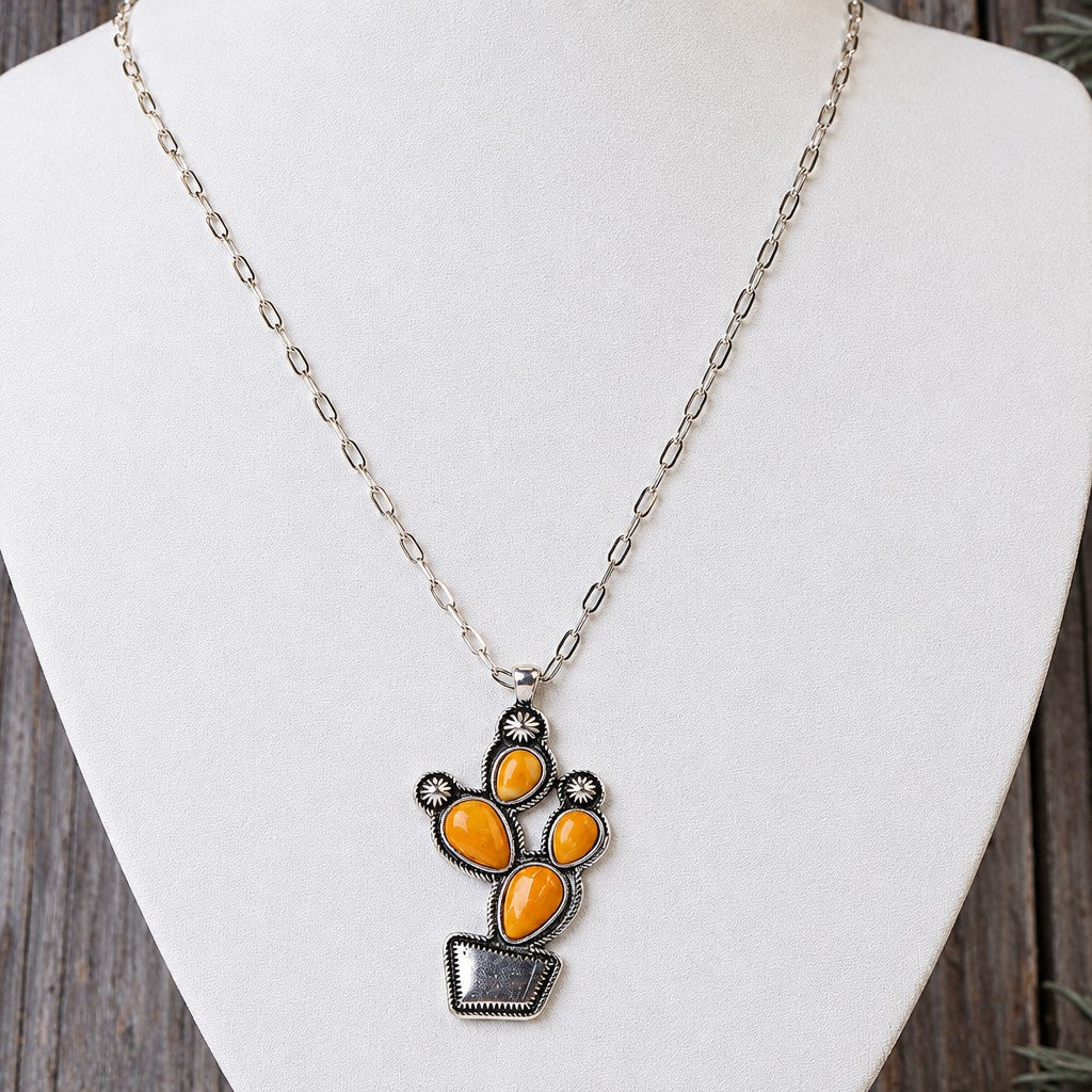 Boho Vintage Turquoise Cactus Pendant Necklace